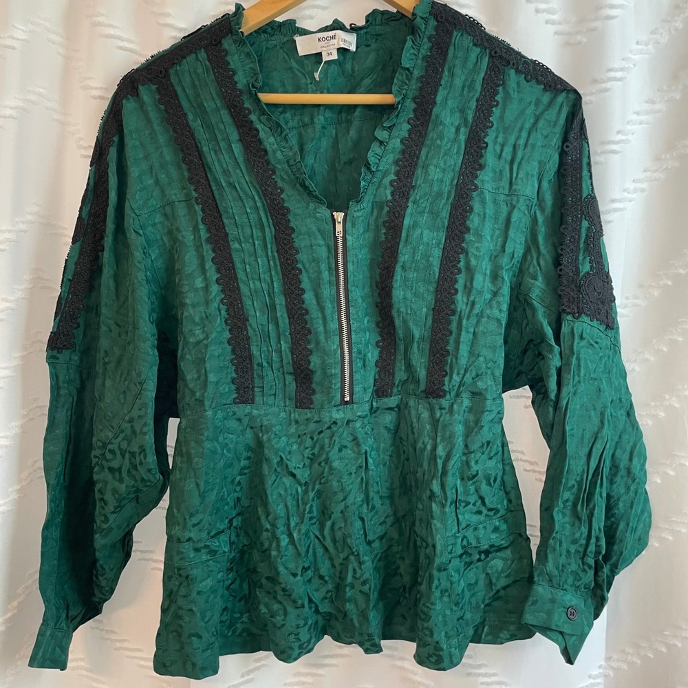 Koche Collective Green Leopard Jacquard Lace Trim Zip Front Peplum Blouse 34